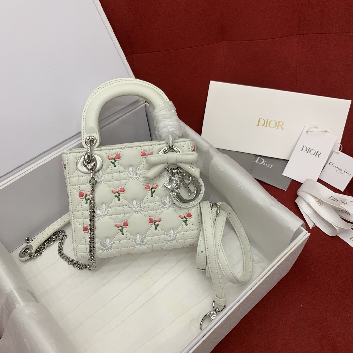dior lady dior mini bow floral dove embroidery top handle bag